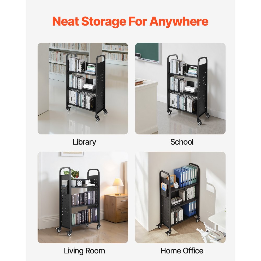 VEVOR Rolling Library Book Cart, 150 kg Capacity, 77 x 38 x 122 cm Library Cart, Single Sided L-Shaped Shelves with 76.2 mm Lockable Wheels, Book Truck for Home Shelves Office and School, Black