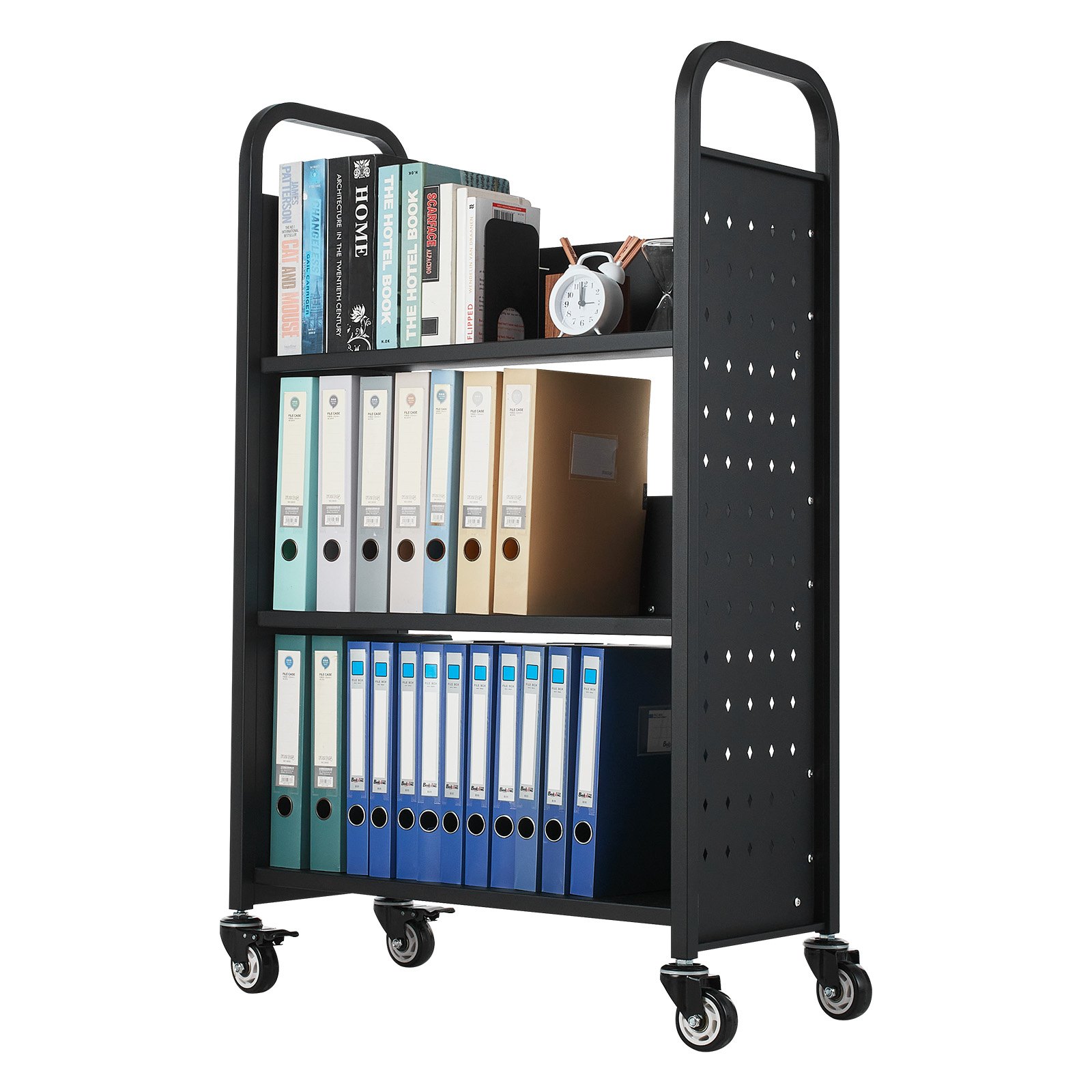 Wózek biblioteczny VEVOR, udźwig 150 kg, 77 x 38 x 122 cm, jednostronny regał w kształcie litery L z kółkami z podwójnym hamulcem, regał do salonu, biura, szkoły, czarny