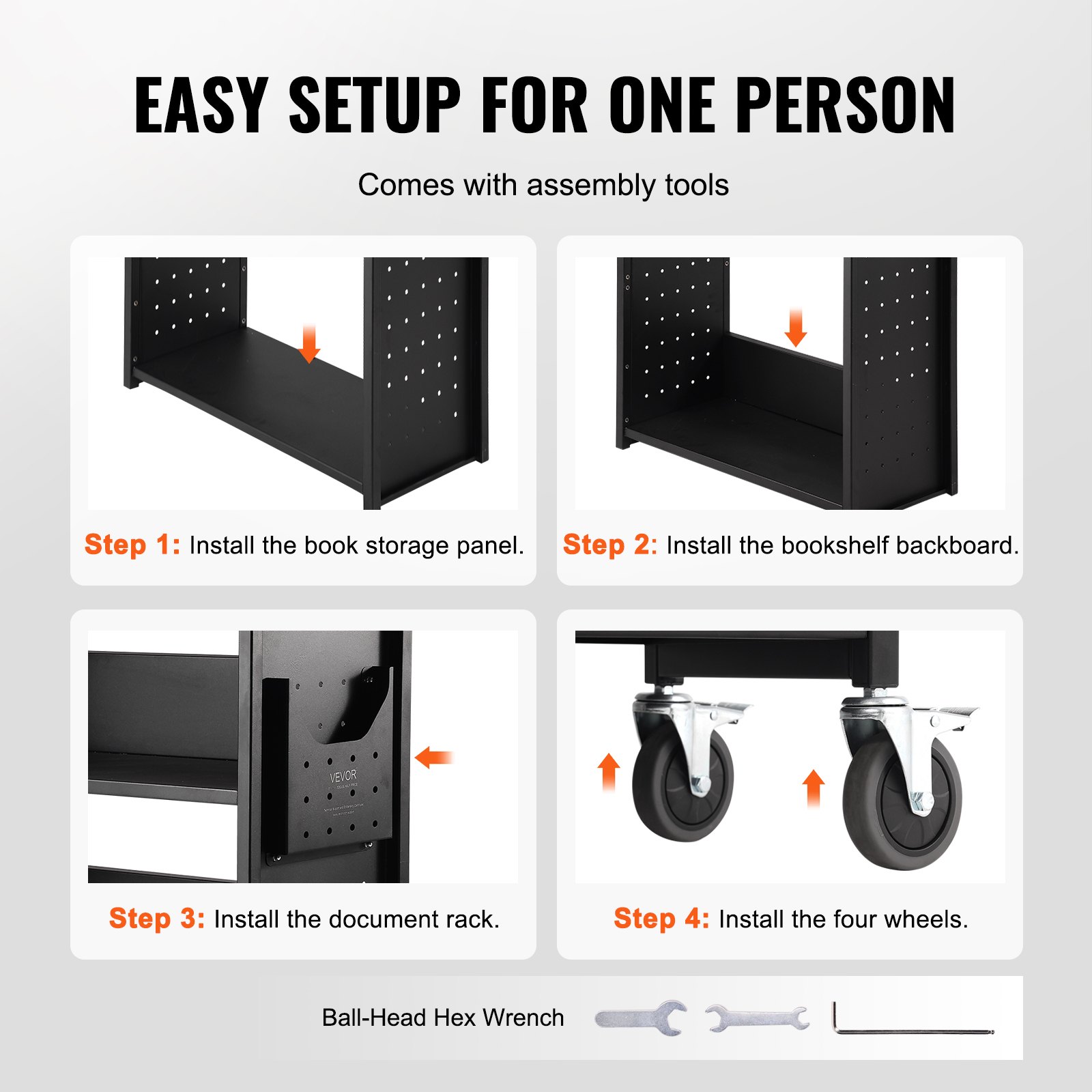 Wózek biblioteczny VEVOR 790 x 385 x 1250 mm Wózek wyprzedażowy 3 półki Wózek na książki Stal węglowa + blacha stalowa walcowana na zimno Wózek do serwowania Nośność 150 kg (50 kg na półkę) W zestawie 2 podpórki do książek