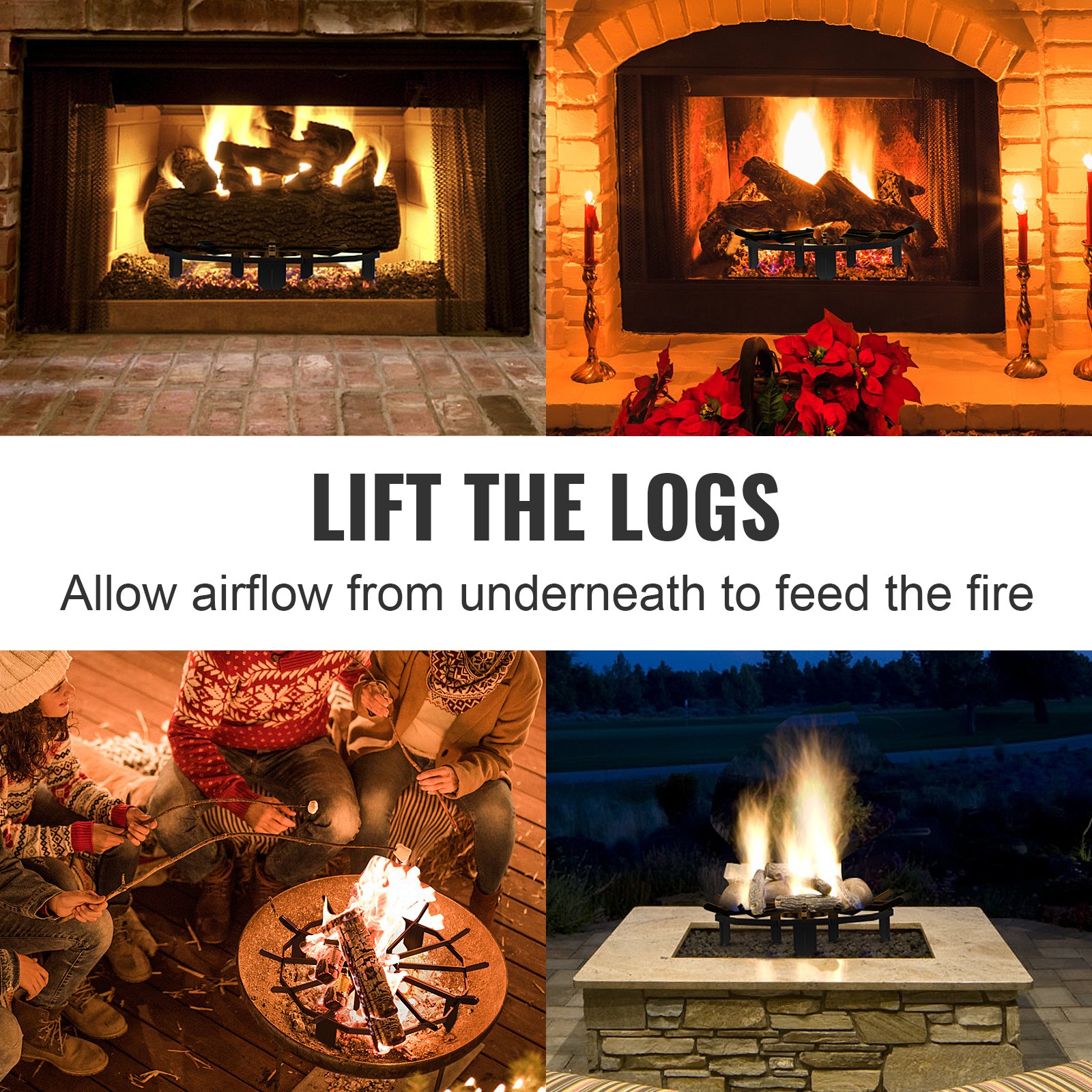 Ruszt do palenia na polanach VEVOR, 68,6 cm (27 cali), wytrzymały, na kółkach, z 6 nogami podporowymi, solidnymi, malowanymi proszkowo stalowymi słupkami, pojemnik na drewno opałowe do pieca opalanego drewnem i paleniska kempingowego