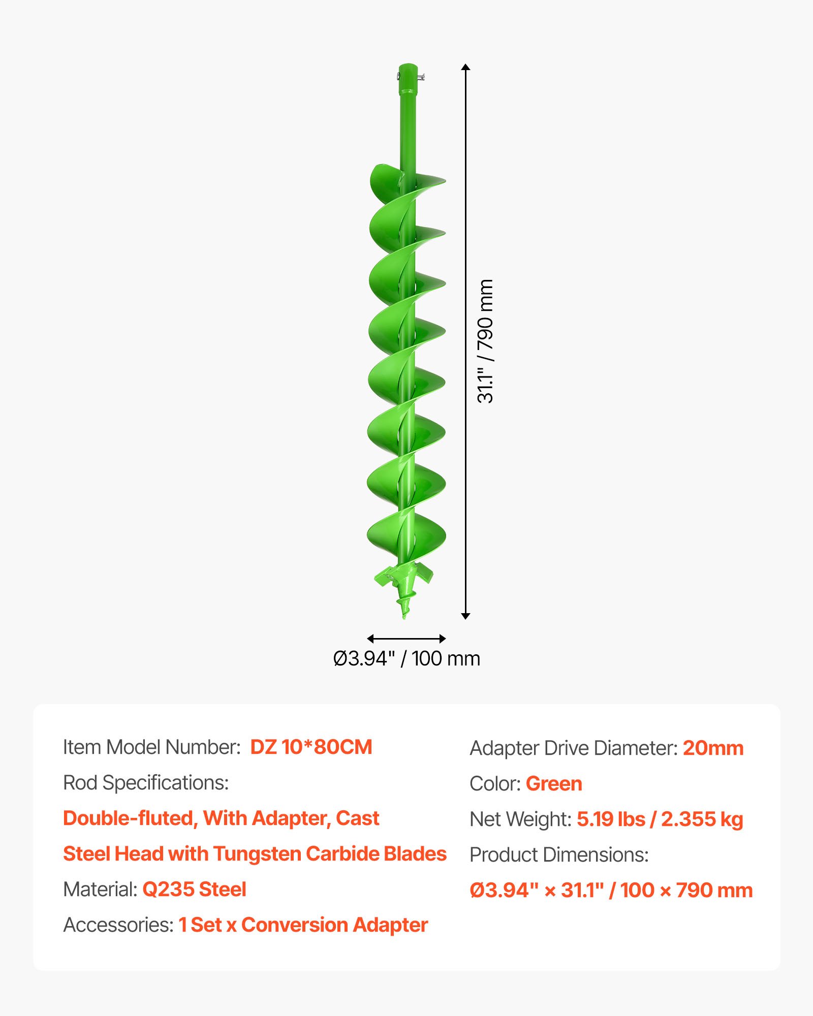 Świder ziemny VEVOR do wiertarki ogrodowej, Ø 100x790 mm, kompatybilny z wiertarkami o średnicy wewnętrznej 20 mm, świder do słupów, świder przelotowy, narzędzie do wykopów do sadzenia i wiercenia