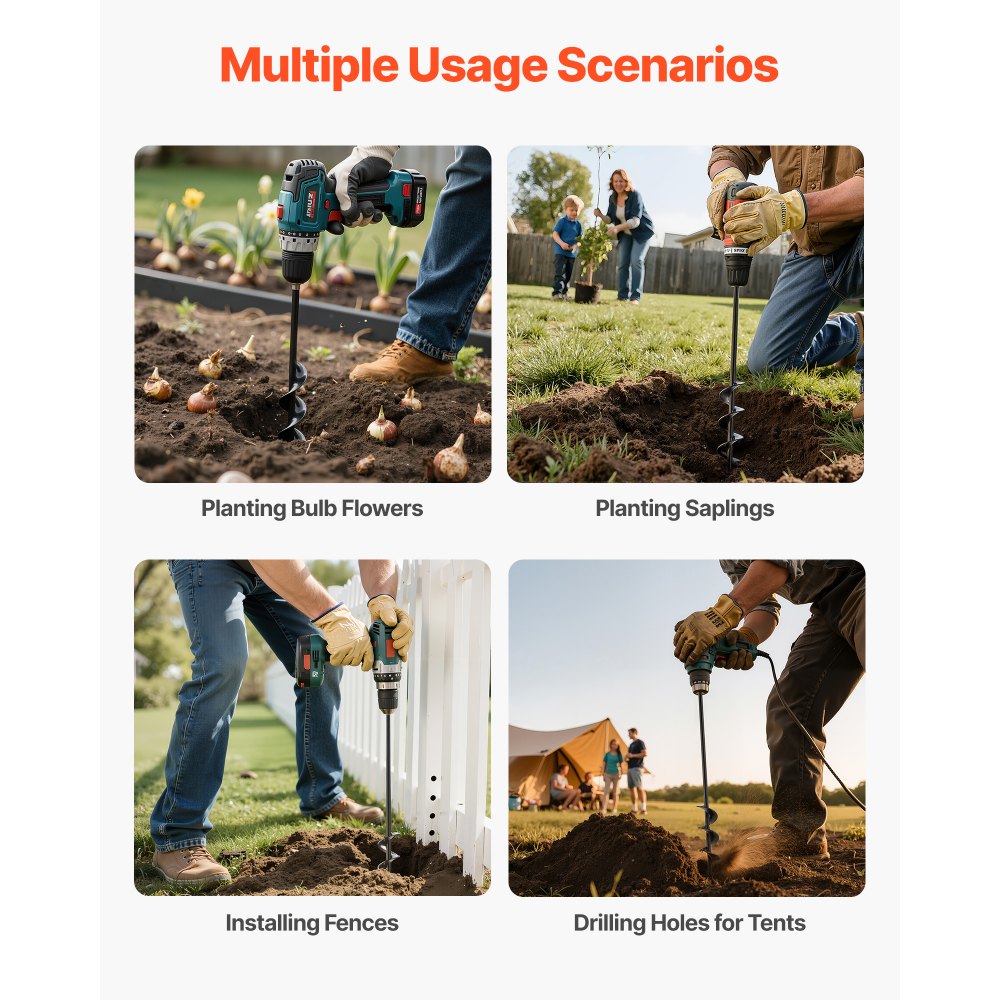 Świder ziemny VEVOR do wiertarki, 40 x 420 mm Świder ogrodowy wykonany ze stali Q235, do wiertła sześciokątnego 3/8 cala, świder do słupów, świder przelotowy, narzędzie do wykopów do sadzenia i wiercenia