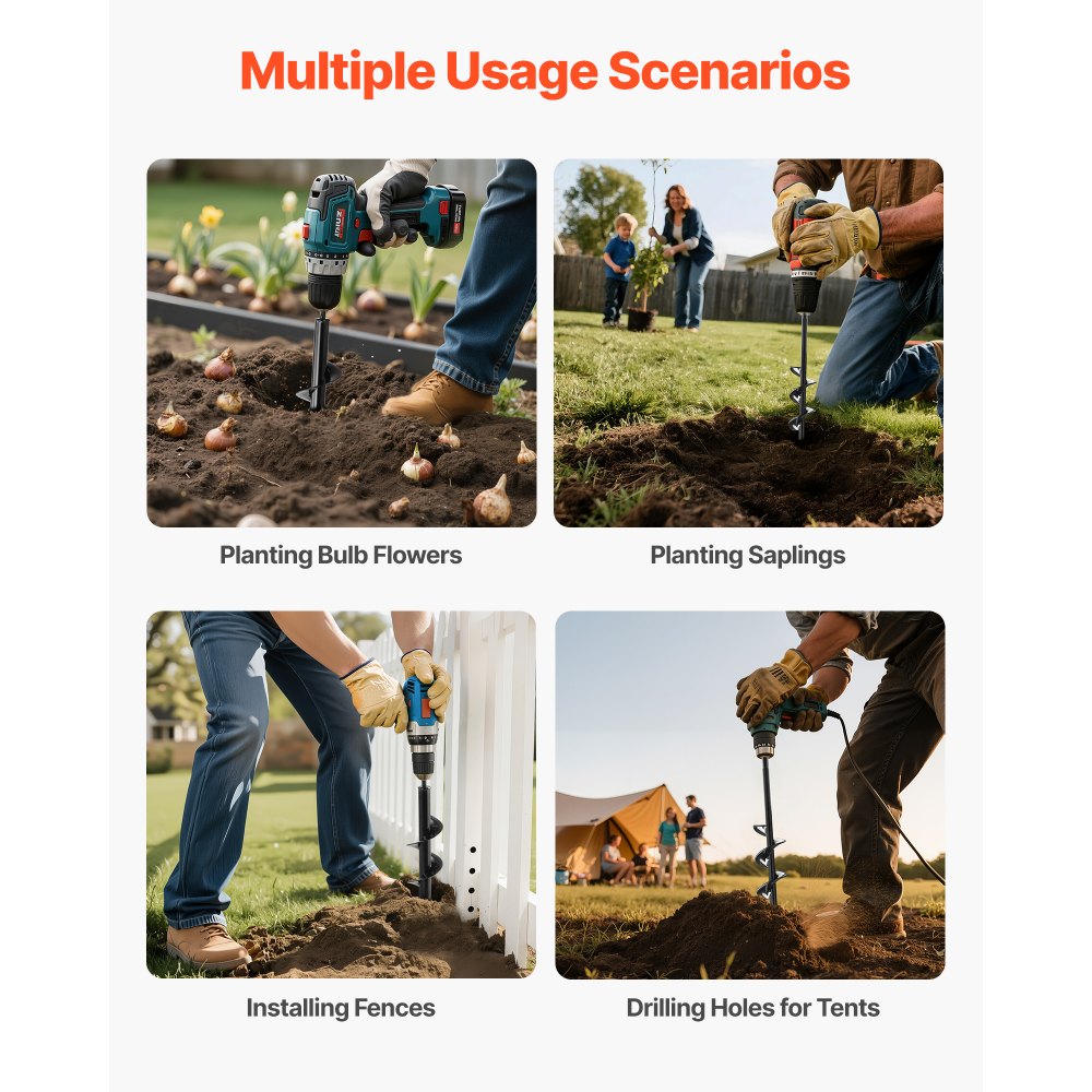 VEVOR Świder ziemny do wiertarki, zestaw 2 szt., Ø 8 x 30 cm i Ø 4 x 22 cm, wiertło ogrodowe do bitów imbusowych 3/8 cala, świder do słupków, świder przelotowy do cebulek kwiatowych, osprzęt do wiercenia otworów w koparce