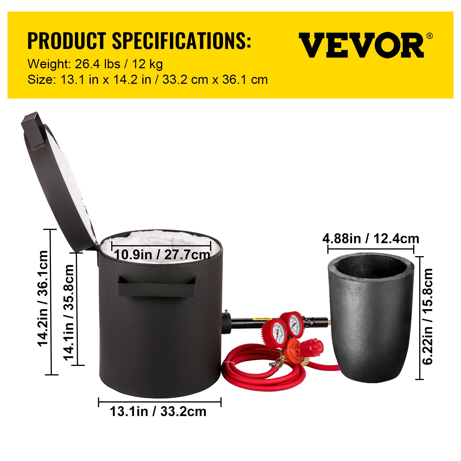 VEVOR Piec do topienia propanu 6 KG 1350°C Gaz Piec do topienia metali Tygiel grafitowy z gliny