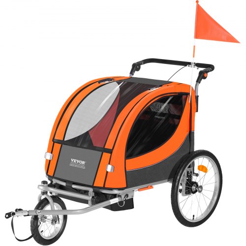 Przyczepka rowerowa VEVOR, podwójne siedzenie, nośność 40 kg, bagażnik z baldachimem 2 w 1, możliwość zamiany na wózek, składana przyczepka do rowerów dziecięcych do holowania z uniwersalnym zaczepem rowerowym, pomarańczowo-szara