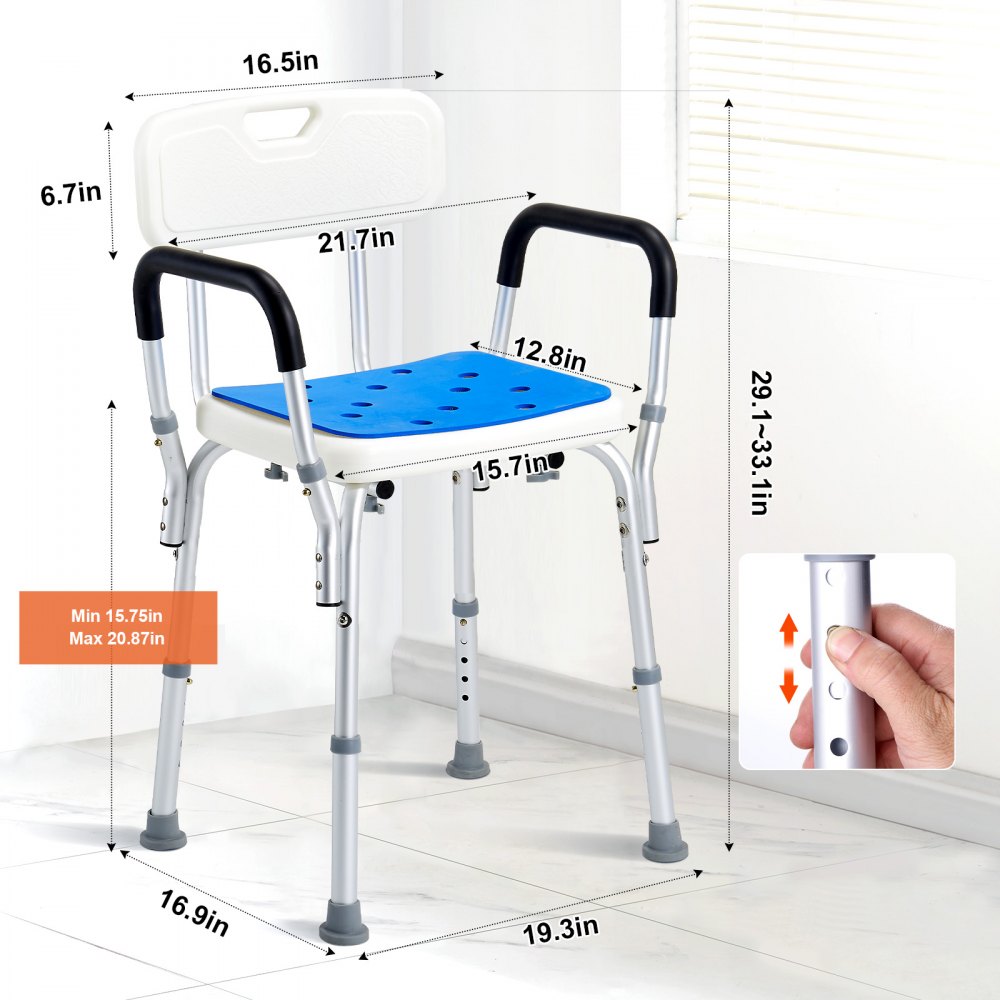 VEVOR Shower Chair, Shower Seat, Load Capacity 181.4 kg, Shower Stool with Armrests & Backrest, Shower Chair for Indoor Showers, Height-Adjustable Bath Chair for the Elderly and Disabled