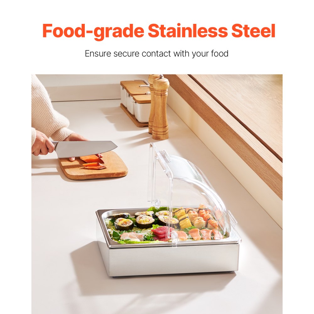 VEVOR Countertop Food Serving Display Container, 1 x 1/2 Pan Stainless Steel Food Serving Tray, Buffet Condiment Dispenser Display Rack with Clear Lid & Ice Tray, for Restaurant Hotel Kitchen Party