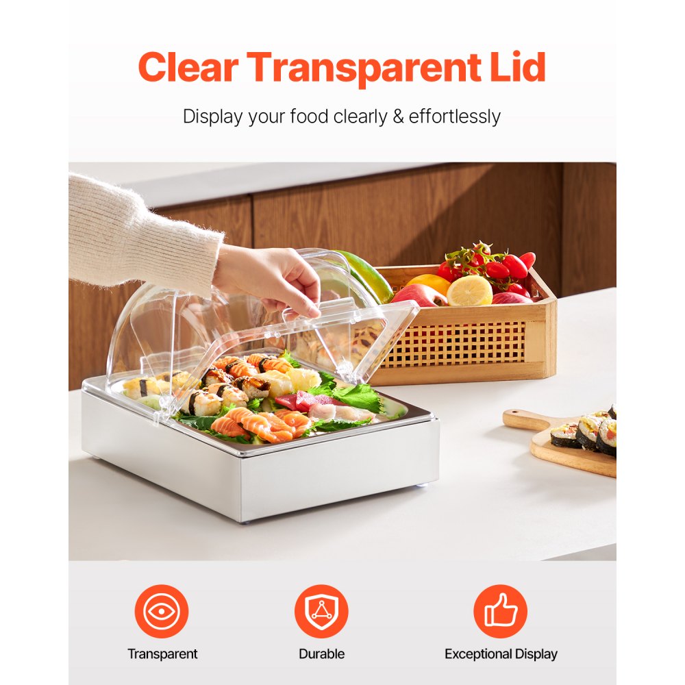 VEVOR Countertop Food Serving Display Container, 1 x 1/2 Pan Stainless Steel Food Serving Tray, Buffet Condiment Dispenser Display Rack with Clear Lid & Ice Tray, for Restaurant Hotel Kitchen Party