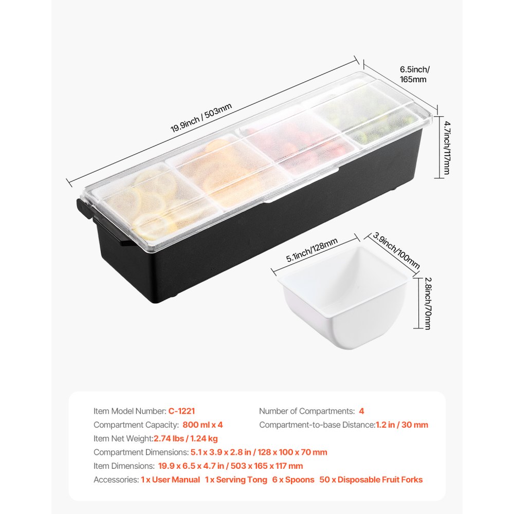 Pojemnik na przyprawy chłodnicze VEVOR Pojemnik na składniki z 4 przegrodami (800 ml x 4) Stojak ekspozycyjny z pokrywką Stacja do pizzy Stacja do dodatków do pizzy Pudełko z owocami Serwowanie tacos Sałatka owocowa