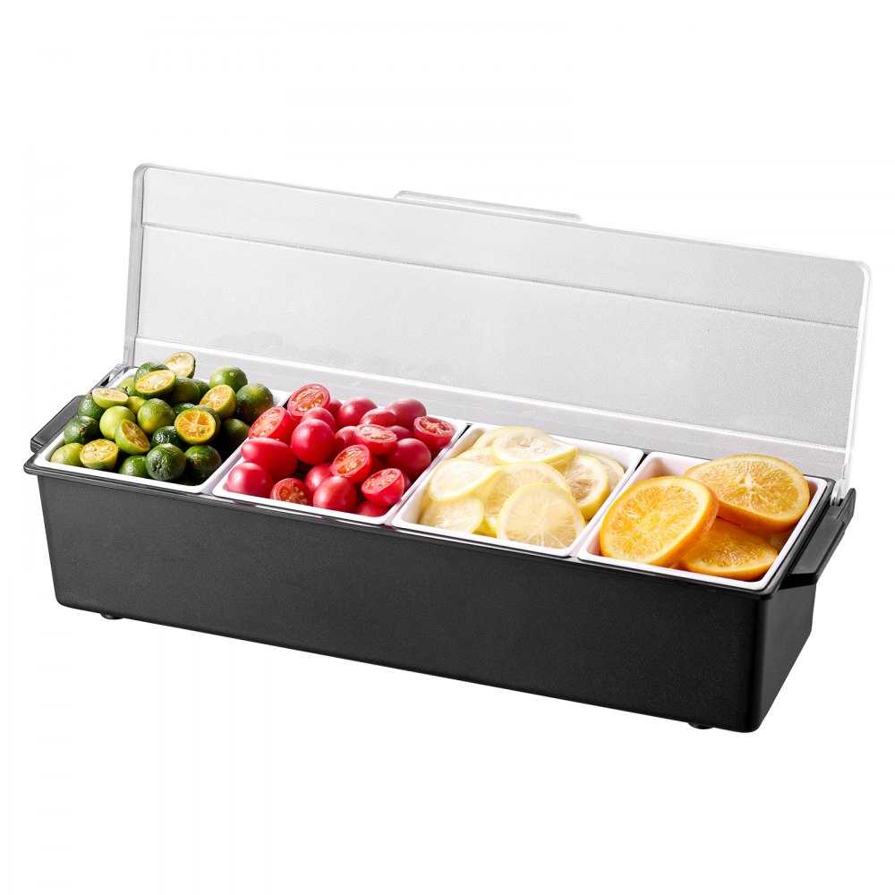 Pojemnik na przyprawy chłodnicze VEVOR Pojemnik na składniki z 4 przegrodami (800 ml x 4) Stojak ekspozycyjny z pokrywką Stacja do pizzy Stacja do dodatków do pizzy Pudełko z owocami Serwowanie tacos Sałatka owocowa