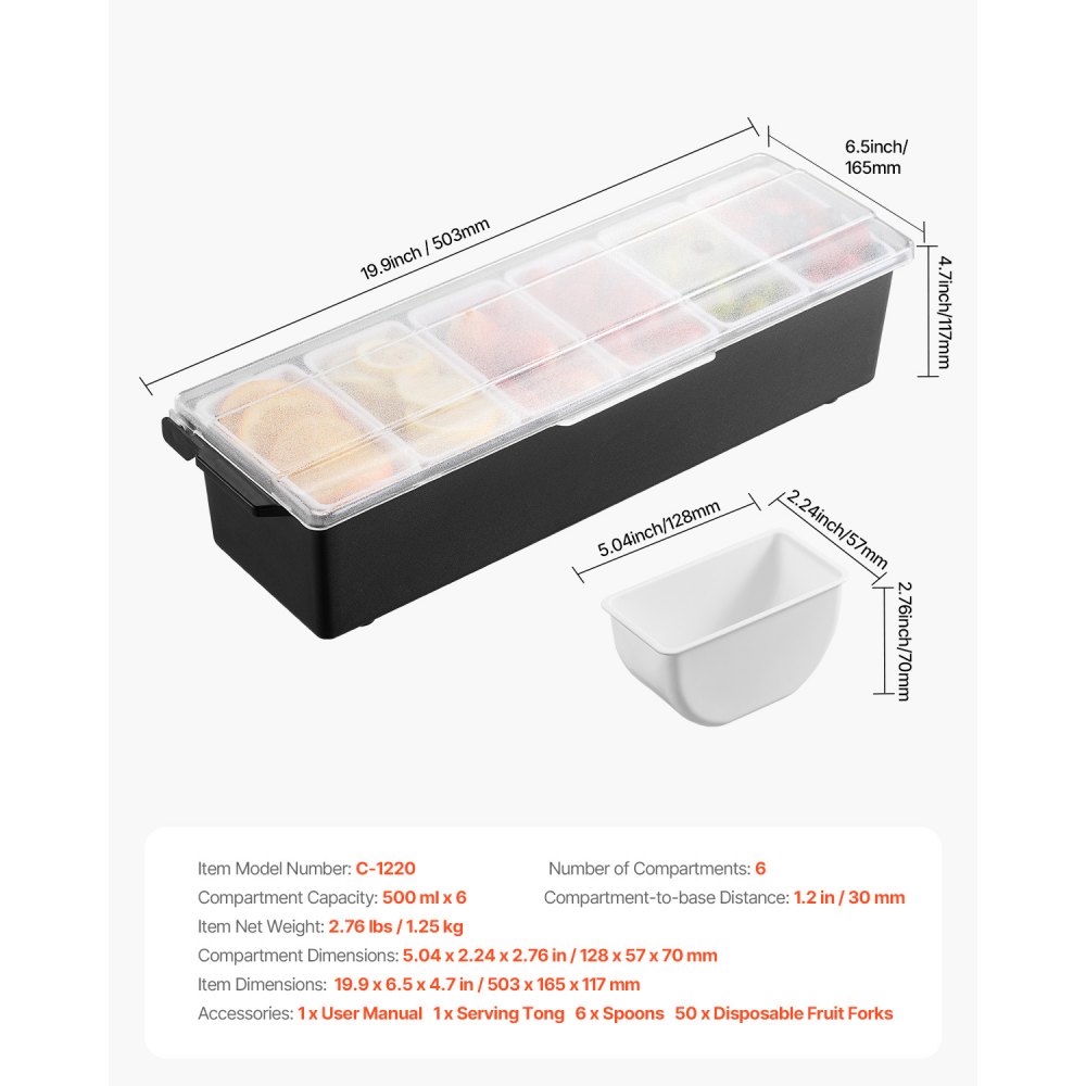 Pojemnik na przyprawy chłodnicze VEVOR Pojemnik na składniki z 6 przegródkami (500 ml x 6) Stojak ekspozycyjny z pokrywką Stacja do pizzy Stacja do dodatków do pizzy Pudełko z owocami Serwowanie tacos Sałatka owocowa