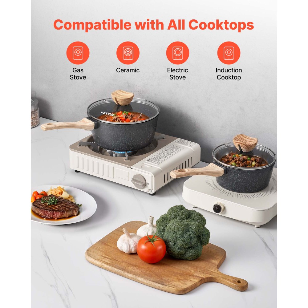 VEVOR Saucepan Set, 1.5 QT & 2.5 QT Nonstick Saucepan with Glass Lids, Multipurpose Cooking Sauce Pots with Detachable Handles, Sauce Pan Kitchen Cooking Pot with Coating, Induction Compatible, Black