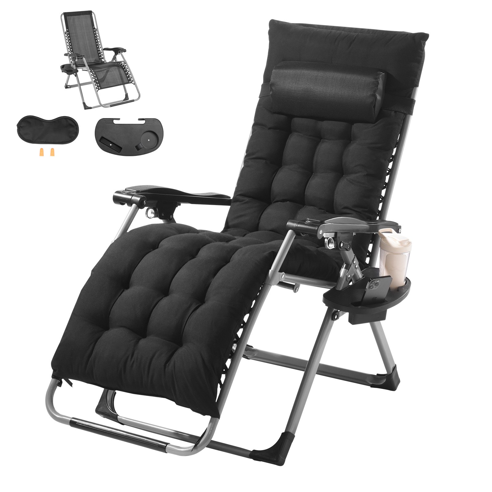 VEVOR Zero Gravity Chair, 26-inch Zero Gravity Recliner for Indoor and Outdoor Use, Adjustable Anti-Gravity Chair with Cushion, Headrest, Footrest and Cup Holder, 500 lbs, Black