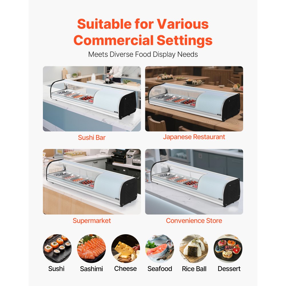 VEVOR Sushi Display Case Refrigerator, 52L Commercial Sushi Case, 5-Pan Countertop  Showcase with Curved Glass, LED Lighting, and Digital Temperature Control, for Sushi-Bar Counter, Restaurant, Store