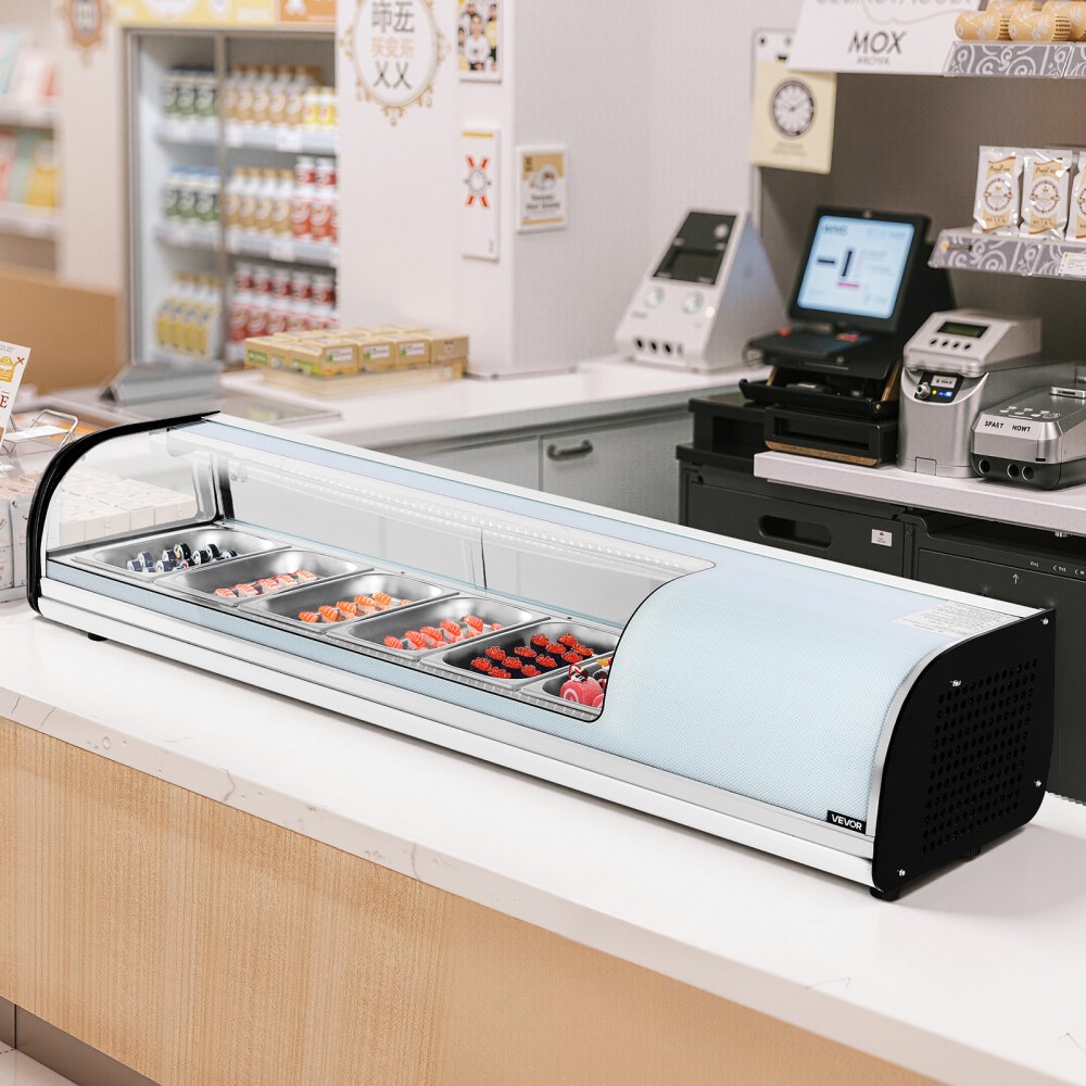 Witryna chłodnicza do sushi VEVOR 62 l, komercyjna, witryna chłodnicza na blacie (6 pojemników) z zakrzywionym szkłem, oświetleniem LED i cyfrową kontrolą temperatury, lodówka do restauracji i sklepu