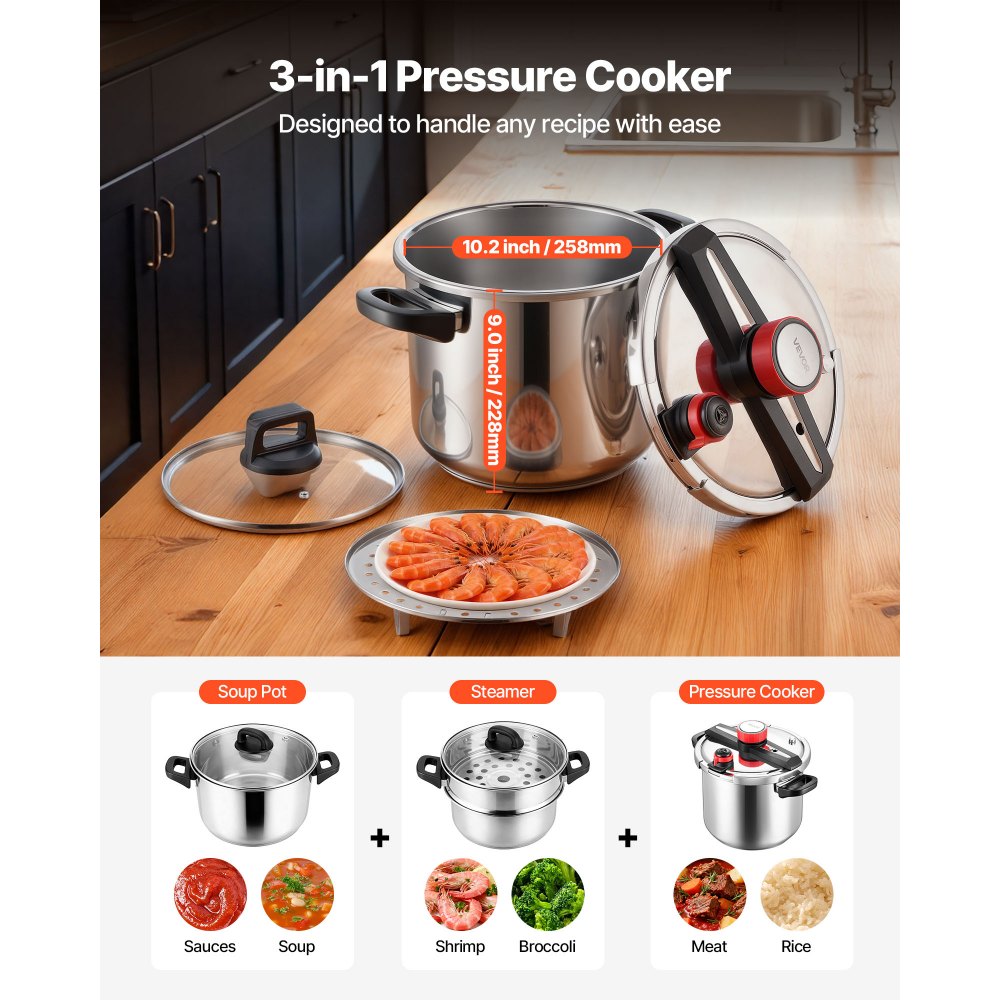 VEVOR Pressure Cooker, 11.3L Pressure Cooker Stainless Steel, Pressures Canner with Steaming Rack, Tempered Glass Lid, Three Pressures Settings for Meat, Beans, Rice, Soup, Sauces, Cook up to 100 kPa