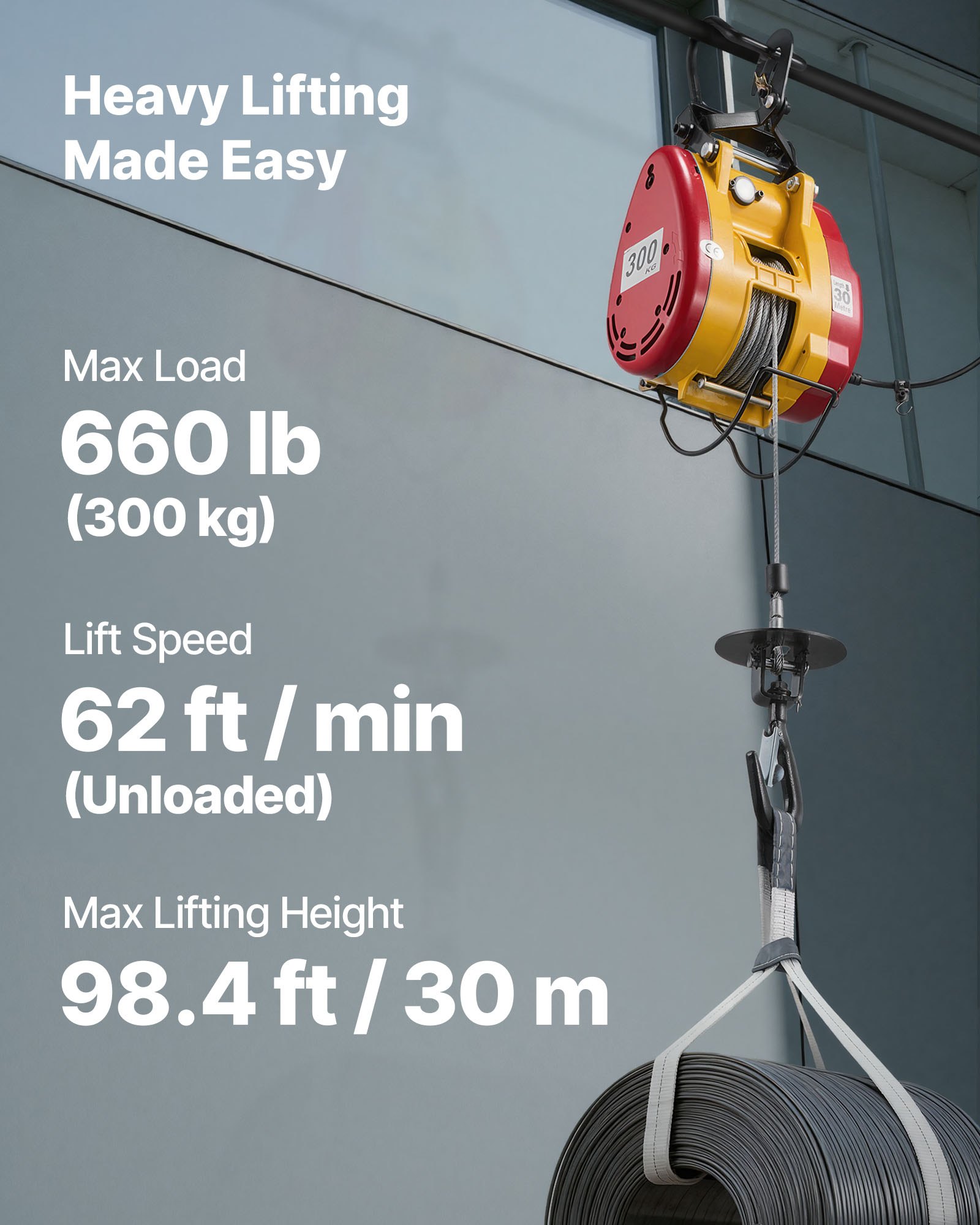 Wciągarka elektryczna VEVOR 300 kg, wciągnik elektryczny 2 w 1 o mocy 1500 W, wysokość podnoszenia 30 m, naciąg liny 18,9 m/min, z przewodowym i bezprzewodowym pilotem zdalnego sterowania do fabryk, magazynów i garaży