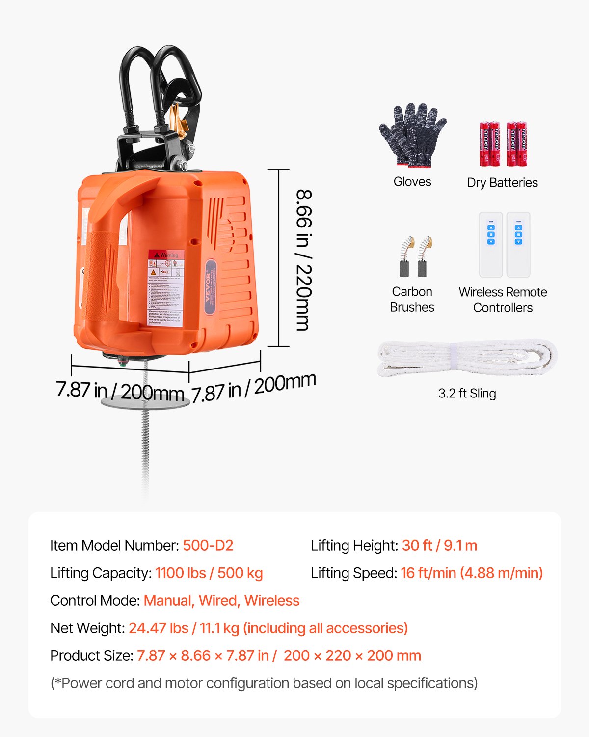 Wciągnik elektryczny VEVOR 3 w 1, udźwig 500 kg, przenośna wciągarka mechaniczna o mocy 1500 W, wysokość podnoszenia 9,1 m, 4 m/min, z przewodowym i bezprzewodowym pilotem, do garażu, magazynu, fabryki do podnoszenia i holowania