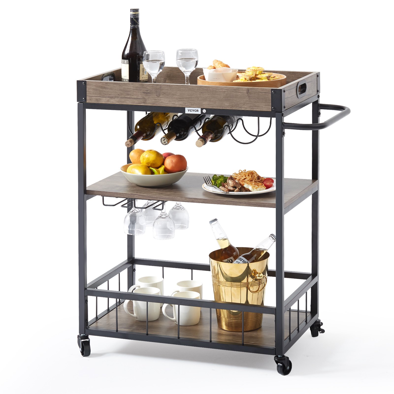 VEVOR 3-warstwowy wózek do serwowania Wózek kuchenny w stylu vintage, 79,5 x 40 x 90 cm Wózek na kółkach Wózek barowy 50 kg Płyta MDF + stalowy wózek do serwowania z haczykami i stojakami na wino do restauracji, przyjęć, dekoracji wnętrz itp.