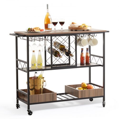 VEVOR 3-warstwowy wózek do serwowania Wózek kuchenny w stylu vintage, 117 x 40 x 91,5 cm Wózek na kółkach Wózek barowy 136 kg Płyta MDF + stalowy wózek do serwowania z haczykami i stojakami na wino do restauracji, przyjęć, dekoracji wnętrz itp.