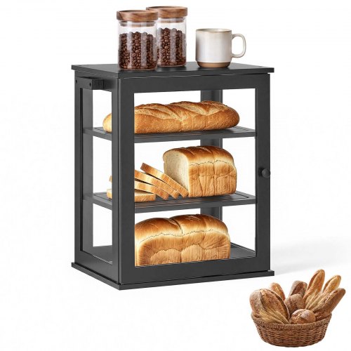 Chlebak VEVOR z 3 poziomami 330 x 251 x 410 mm Chlebak z drewna bambusowego, czarny, idealny do bajgli i muffinek, z magnetycznym zamknięciem, bocznymi haczykami, antypoślizgową podstawą i 3-poziomową półką o regulowanej wysokości
