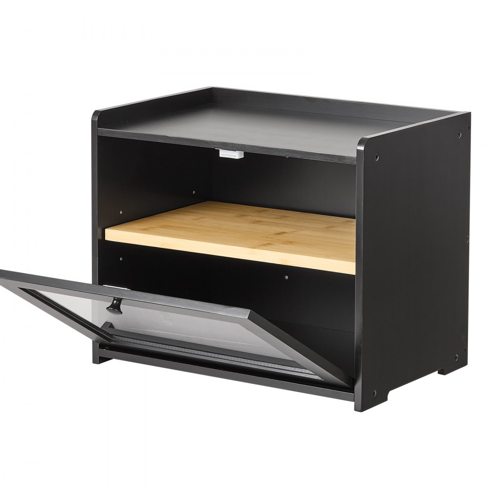 Chlebak VEVOR z okienkiem akrylowym 393x262x321 mm Chlebak z drewna bambusowego, czarny, idealny do bajgli i muffinów, z magnetycznym zamknięciem, bocznymi haczykami, otworami wentylacyjnymi i 3-poziomową półką o regulowanej wysokości