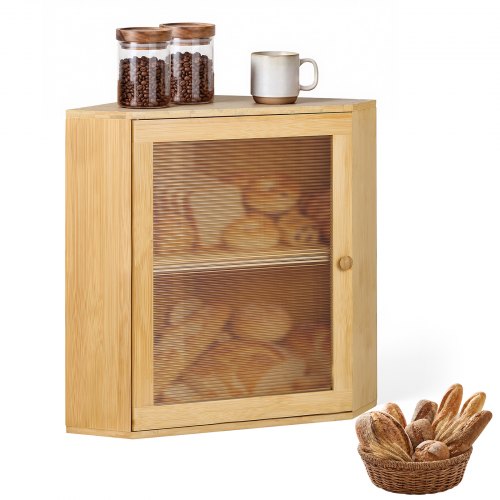 VEVOR Narożny pojemnik na chleb, 2 poziomy, okienko akrylowe, 321 x 321 x 427 mm, drewno bambusowe, idealny do bajgli, muffinów i domowego pieczywa, zamknięcie magnetyczne i 3-poziomowa półka o regulowanej wysokości, wentylowany