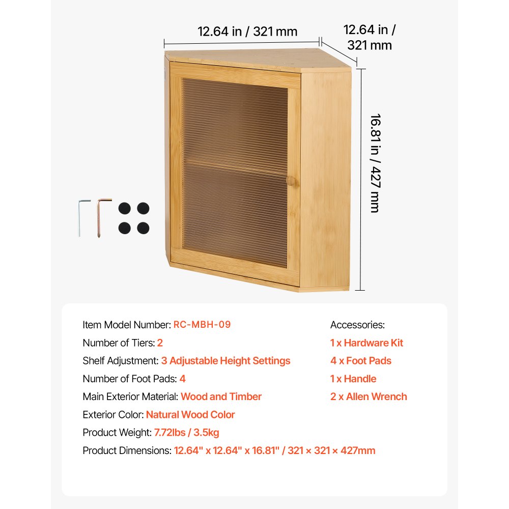 VEVOR Narożny pojemnik na chleb, 2 poziomy, okienko akrylowe, 321 x 321 x 427 mm, drewno bambusowe, idealny do bajgli, muffinów i domowego pieczywa, zamknięcie magnetyczne i 3-poziomowa półka o regulowanej wysokości, wentylowany