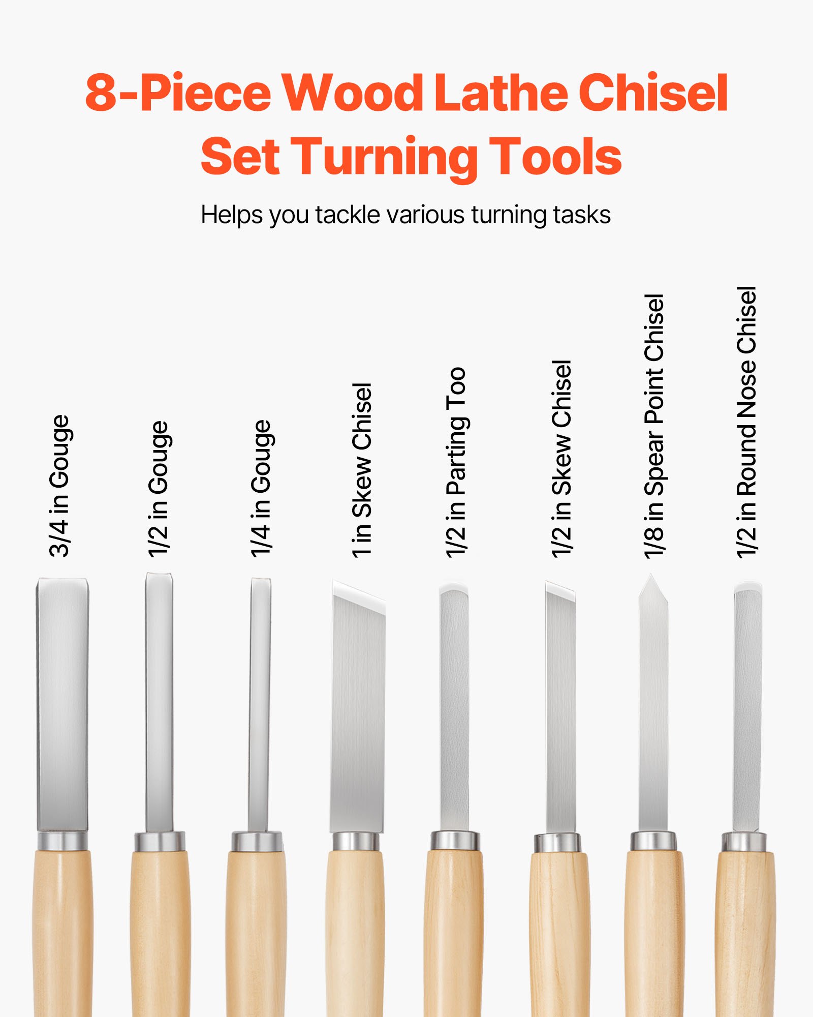 VEVOR Wood Lathe Turning Tool Set, 8PCS, Lathe Chisel Set with Carbon Steel Blade, 2 Skew, 1 Spear Point, 1 Parting, 1 Round Nose, 3 Gouge Tools, 1 Oxford Bag, for Beginners, Hobbyists, Professionals
