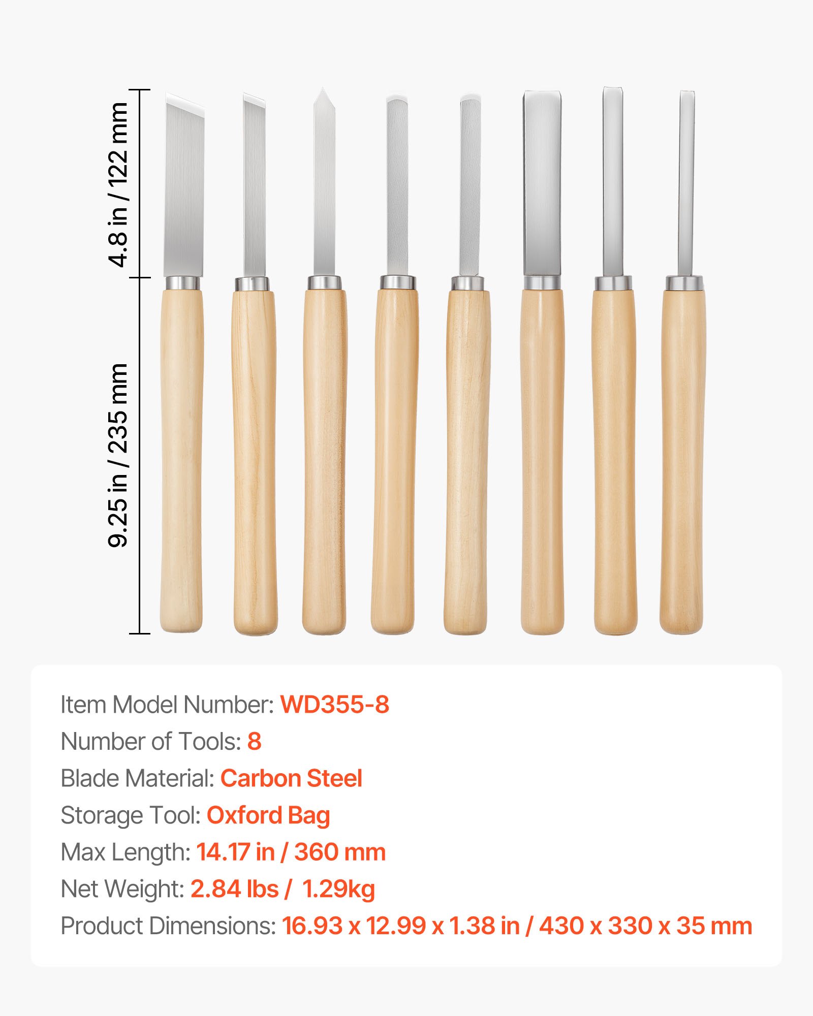 VEVOR Wood Lathe Turning Tool Set, 8PCS, Lathe Chisel Set with Carbon Steel Blade, 2 Skew, 1 Spear Point, 1 Parting, 1 Round Nose, 3 Gouge Tools, 1 Oxford Bag, for Beginners, Hobbyists, Professionals