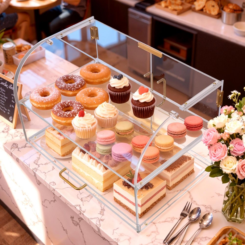 VEVOR Bakery Display Case, 2-Tier Commercial Countertop Pastry Display Case, Clear Acrylic Bread Box for Kitchen, Party Cake Cabinet with Magnetic Rear Door for Cookie Dessert Donut, 558x355x355 mm