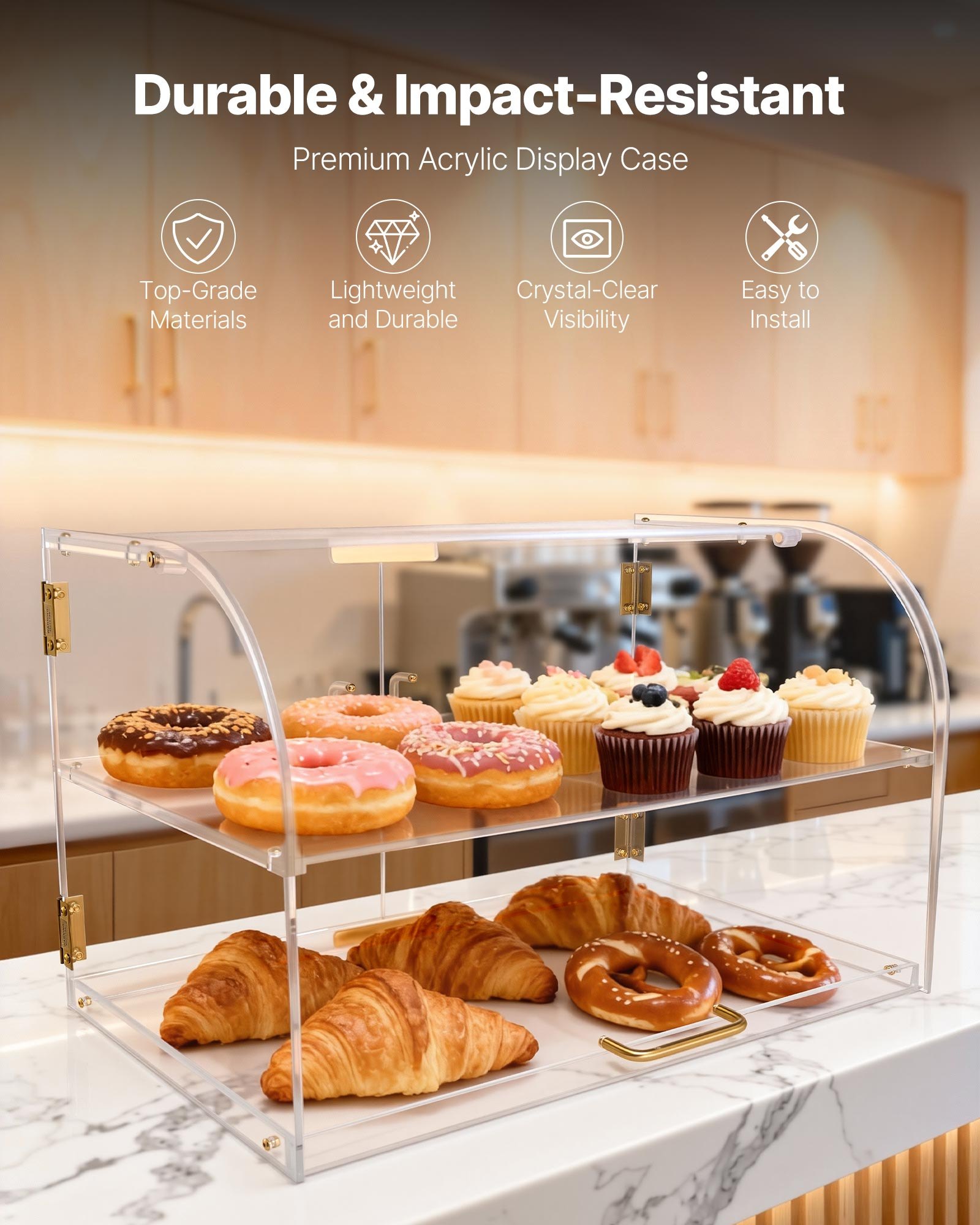 VEVOR Bakery Display Case, 2-Tier Commercial Countertop Pastry Display Case, Clear Acrylic Bread Box for Kitchen, Party Cake Cabinet with Magnetic Rear Door for Cookie Dessert Donut, 558x355x355 mm