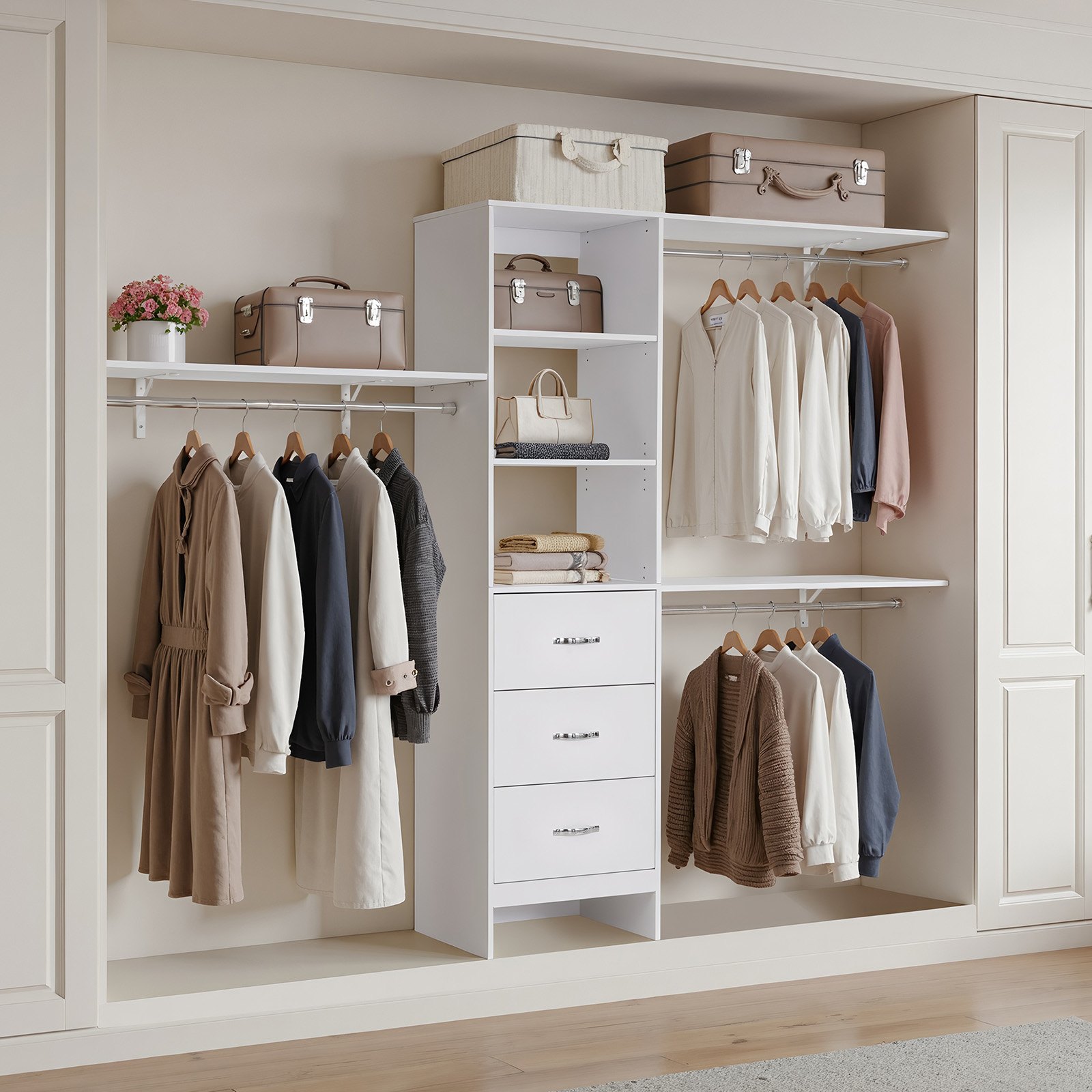 Wieszak na ubrania VEVOR z 3 szufladami, regulowany, drewniany, organizer do garderoby z 3 wysuwanymi drążkami na ubrania (575-1020 mm) System do garderoby typu walk-in