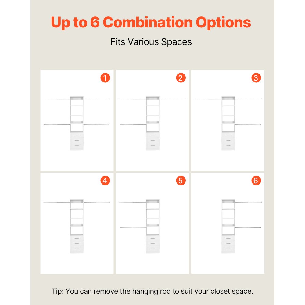 Wieszak na ubrania VEVOR z 3 szufladami, regulowany, drewniany, organizer do garderoby z 4 wysuwanymi drążkami na ubrania (575-1020 mm), system do garderoby typu walk-in