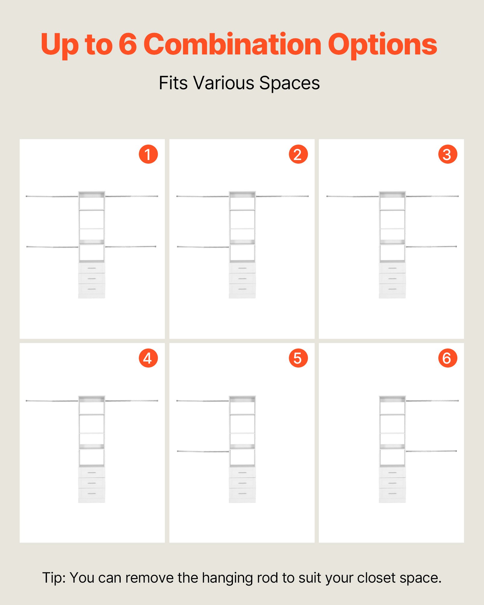 Wieszak na ubrania VEVOR z 3 szufladami, regulowany, drewniany, organizer do garderoby z 4 wysuwanymi drążkami na ubrania (575-1020 mm), system do garderoby typu walk-in