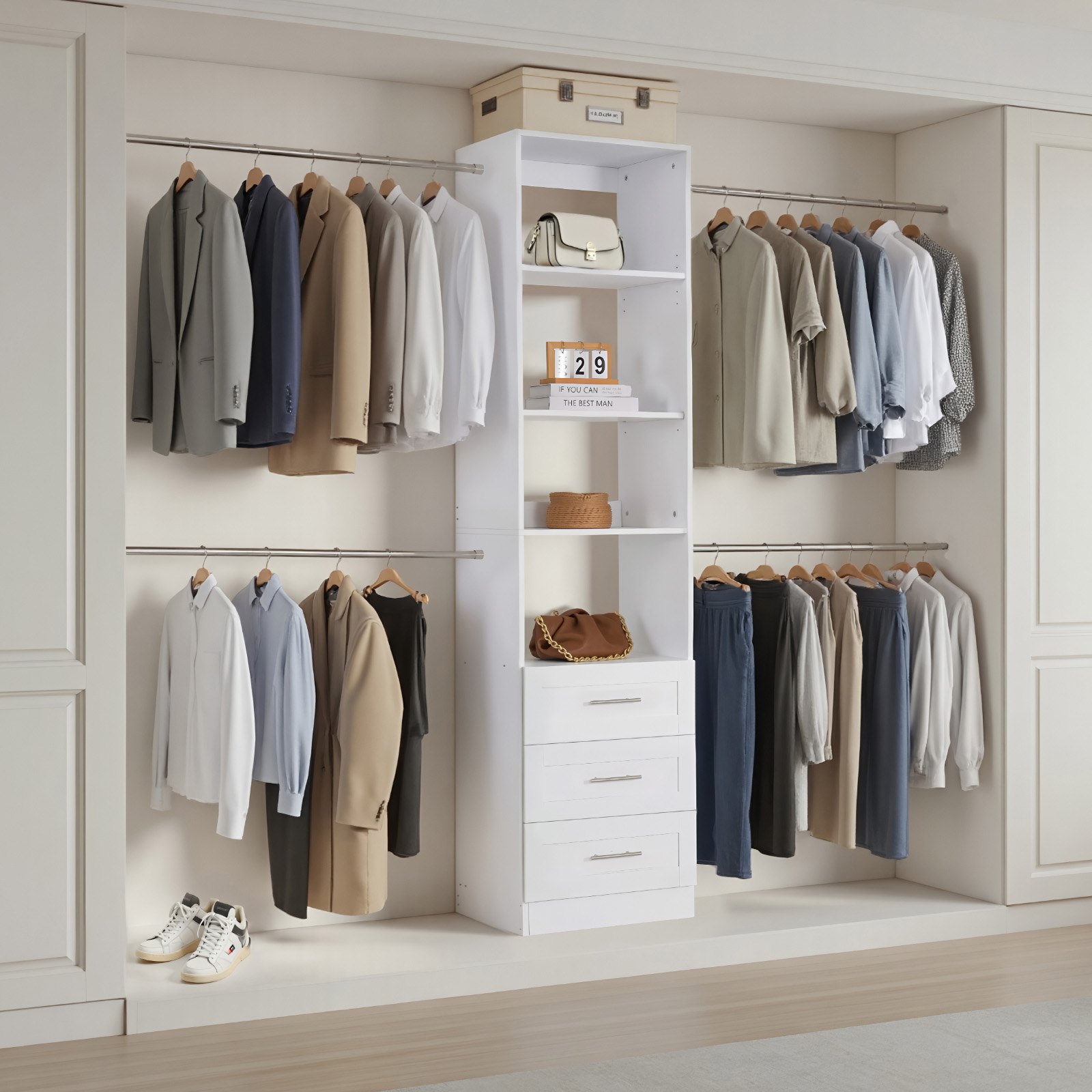 Wieszak na ubrania VEVOR z 3 szufladami, regulowany, drewniany, organizer do garderoby z 4 wysuwanymi drążkami na ubrania (575-1020 mm), system do garderoby typu walk-in