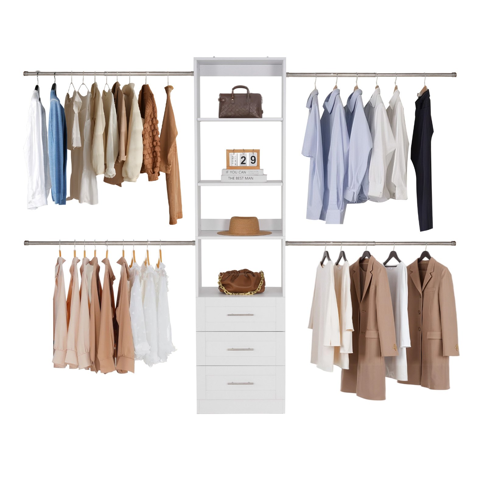 Wieszak na ubrania VEVOR z 3 szufladami, regulowany, drewniany, organizer do garderoby z 4 wysuwanymi drążkami na ubrania (575-1020 mm), system do garderoby typu walk-in