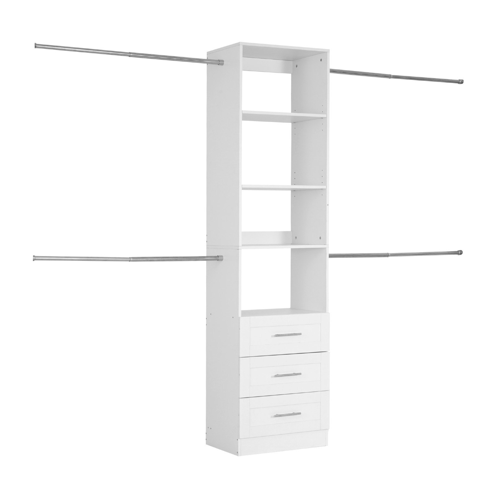 Wieszak na ubrania VEVOR z 3 szufladami, regulowany, drewniany, organizer do garderoby z 4 wysuwanymi drążkami na ubrania (575-1020 mm), system do garderoby typu walk-in