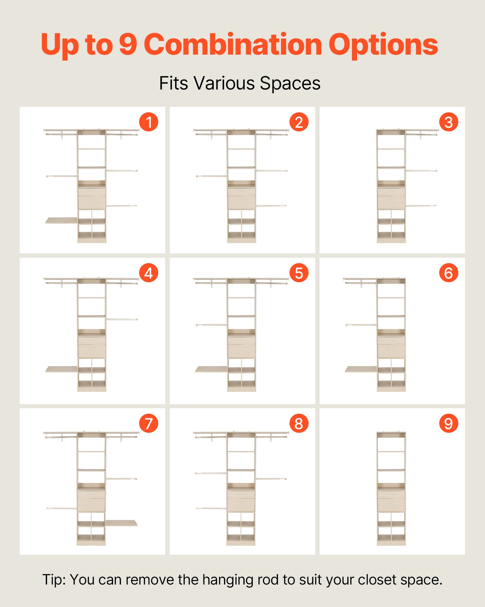 Wieszak na ubrania VEVOR z 2 szufladami, regulowany, drewniany, organizer do garderoby z 5 wysuwanymi drążkami na ubrania (46-81 cm) System do garderoby typu walk-in