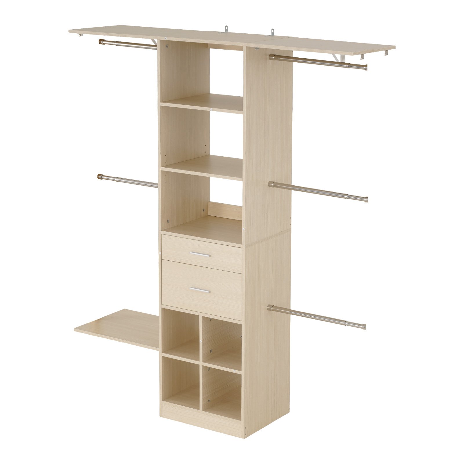 Wieszak na ubrania VEVOR z 2 szufladami, regulowany, drewniany, organizer do garderoby z 5 wysuwanymi drążkami na ubrania (46-81 cm) System do garderoby typu walk-in