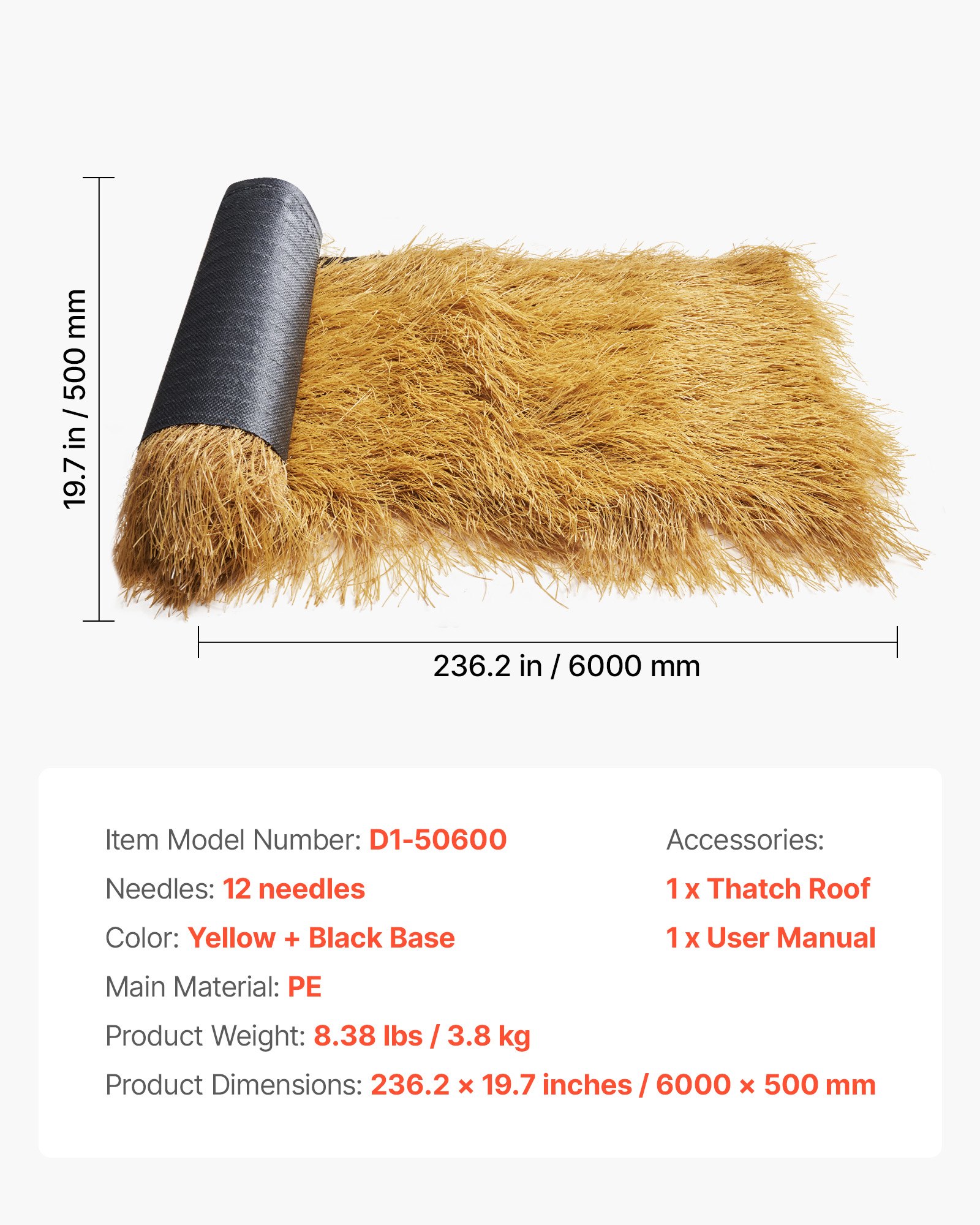 VEVOR Sztuczny dach ze strzechy, 600 x 50 cm, Dach ze strzechy syntetycznej, Symulacja dachu ze strzechy, Dach ze strzechy w rolce, Mata dachowa Palapa Tiki na patio, basen, plażę, Tropikalna dekoracja hawajskiego przyjęcia