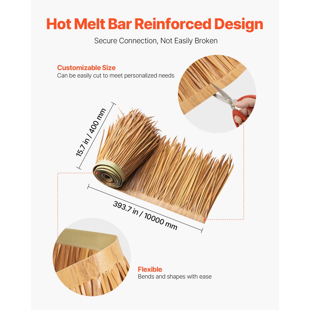 VEVOR Artificial Thatch Grass Roof, 0.4 x 10 m Mexican Style Tiki Bar Hut Skirt Thatch Roofing Roll, Waterproof & Fire-Resistant, Palapa Duck Blind Grass for Patio Pool Beach Hawaiian Party Decor