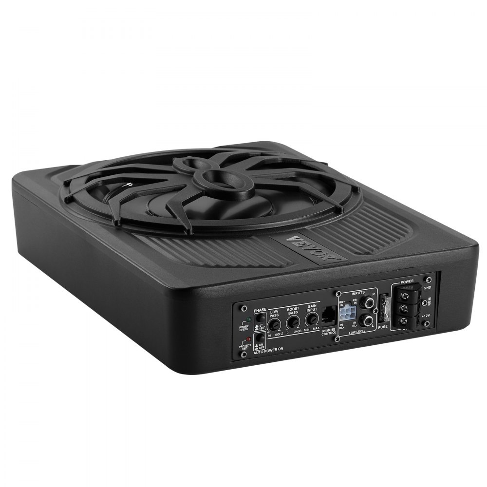 VEVOR Subwoofer samochodowy pod siedzeniem 440 W, 254 mm, smukły, z wbudowanym wzmacniaczem, wejściem wysokiego/niskiego poziomu i regulacją głośności do SUV-ów i ciężarówek
