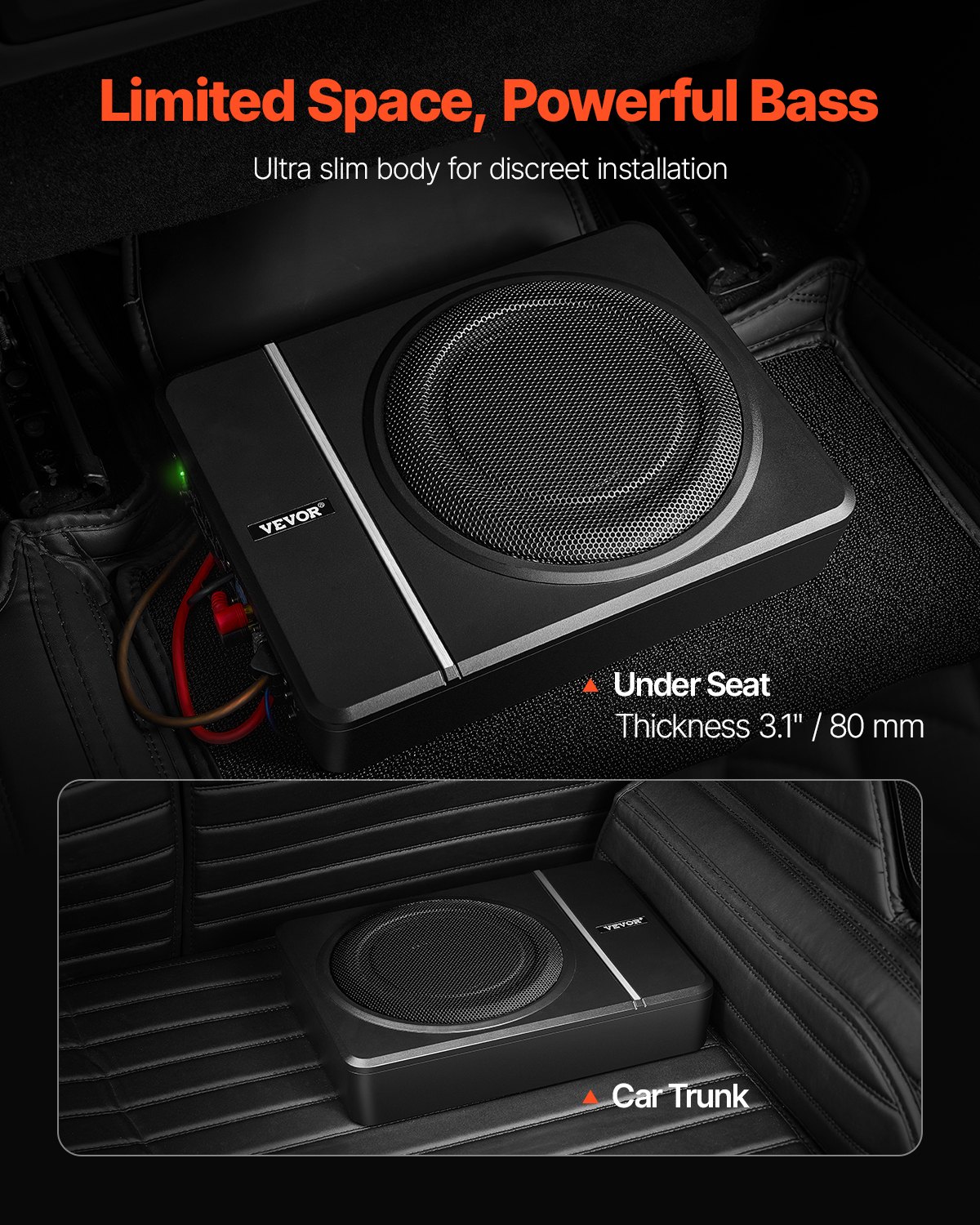 VEVOR Under-Seat Car Subwoofer 120W RMS Rated Power Car Subwoofer with Power Supply, Subsystem with Built-in Amplifier, High/Low Level Input and Volume Control for SUVs, Trucks, and Motorhomes