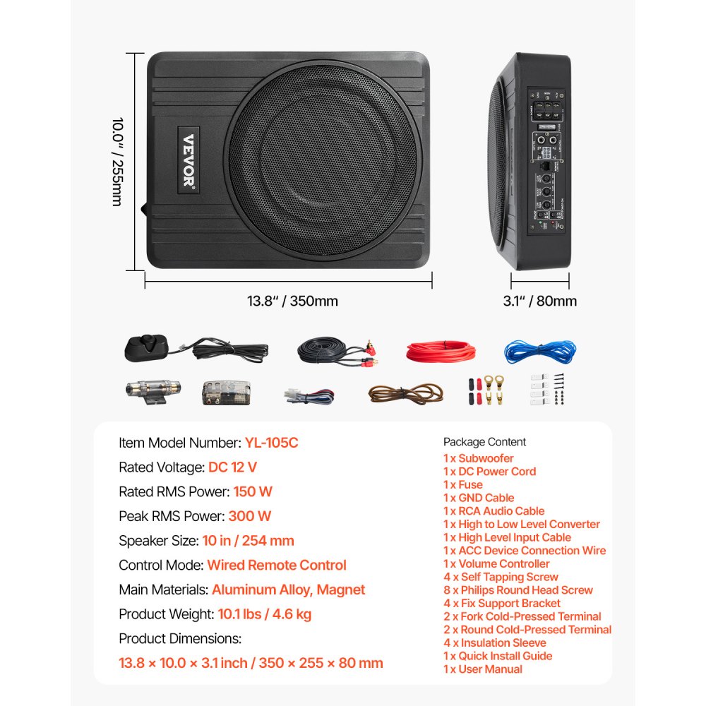 VEVOR Subwoofer samochodowy pod siedzenie 300 W, 254 mm, smukły, z zasilaczem, podsystemem ze zintegrowanym wzmacniaczem, wejściem wysokiego/niskiego poziomu i regulacją głośności do SUV-ów i ciężarówek