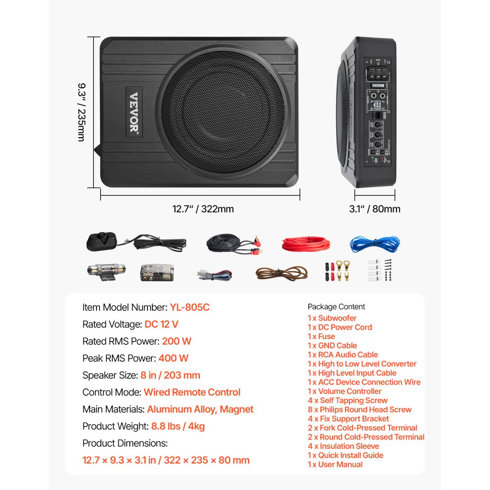 VEVOR Subwoofer samochodowy pod siedzenie 400 W, 203 mm, smukły, z zasilaczem, podsystemem ze zintegrowanym wzmacniaczem, wejściem wysokiego/niskiego poziomu i regulacją głośności do SUV-ów i ciężarówek
