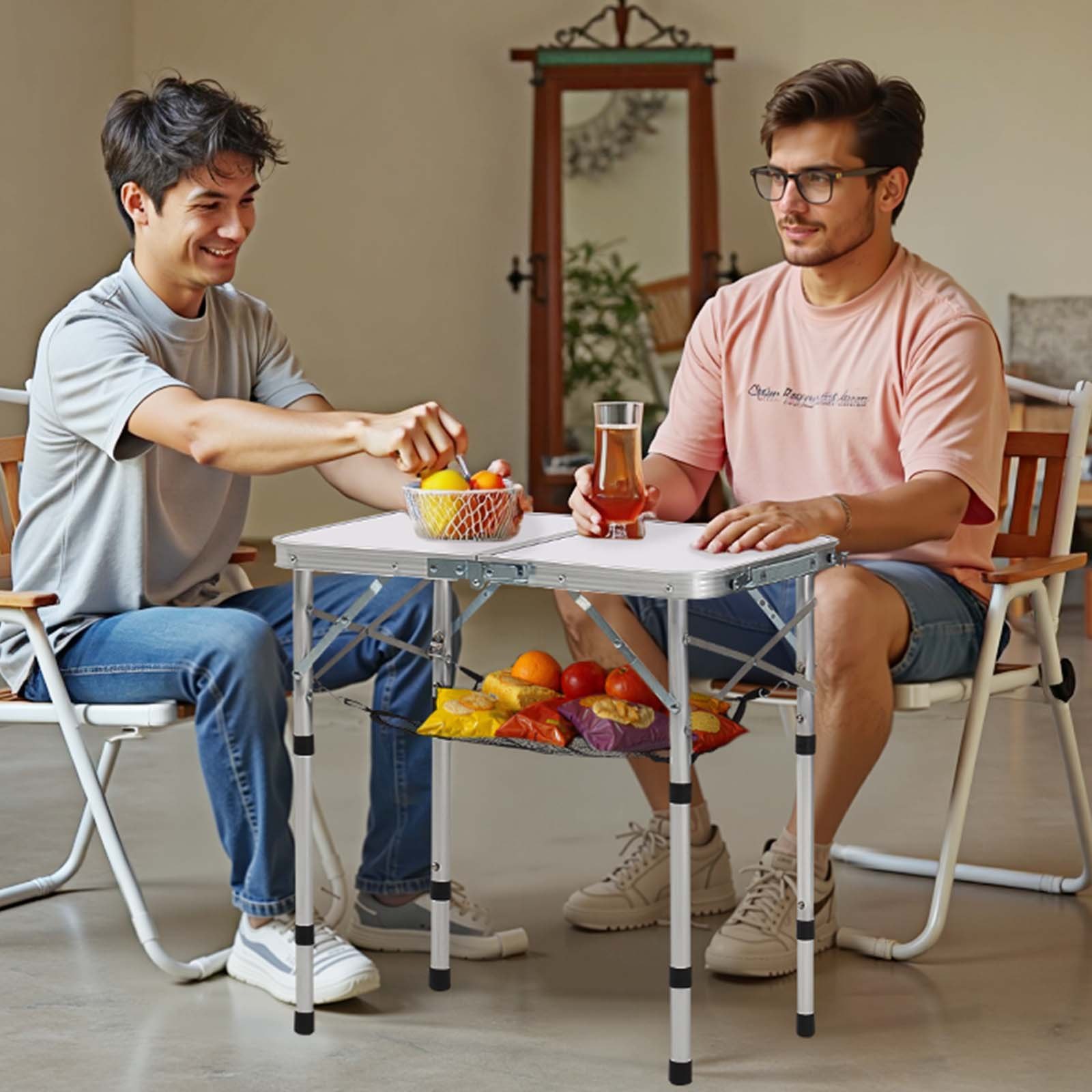 VEVOR Folding Camping Table, Adjustable Height Portable Side Tables, Aluminum MDF Beach Table with Mesh Layer, Carrying Handle, Lightweight Compact for Outdoor Picnic BBQ Cooking, 24x16in, Silver