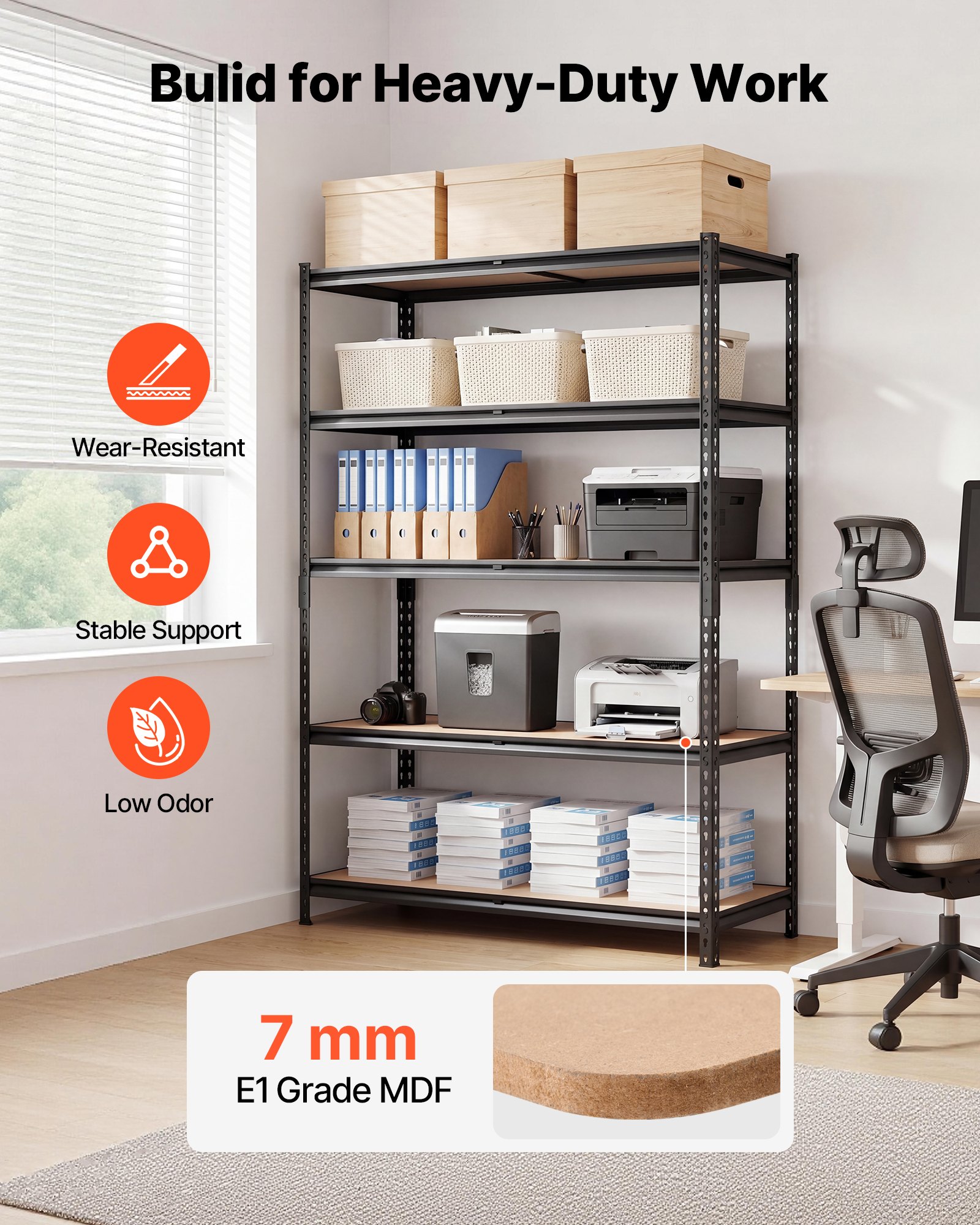 Regał magazynowy VEVOR o dużej wytrzymałości, 1228 x 619 x 1813 mm, nośność 1360,8 kg, ze stalową ramą i 5 regulowanymi półkami, modułowy regał jako stół warsztatowy, elastyczny metalowy regał do piwnicy, garażu, warsztatu