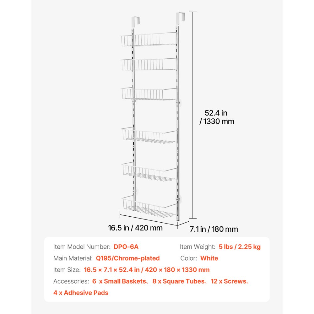 VEVOR Pantry Organizer Over-the-Door Storage, 6-Tier Hanging Spice Racks Made of Steel, Adjustable Wall-Mounted Storage Shelves, for Home Kitchen Bathroom, White