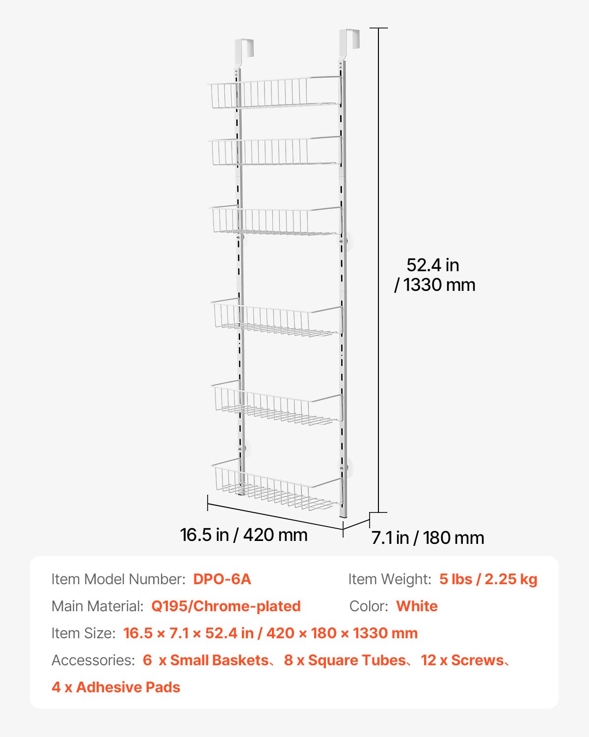 VEVOR Organizer do szafki spiżarniowej, mocowany na drzwiach, 6-poziomowe stalowe wieszaki na przyprawy, regulowane półki ścienne, do kuchni i łazienki, biały